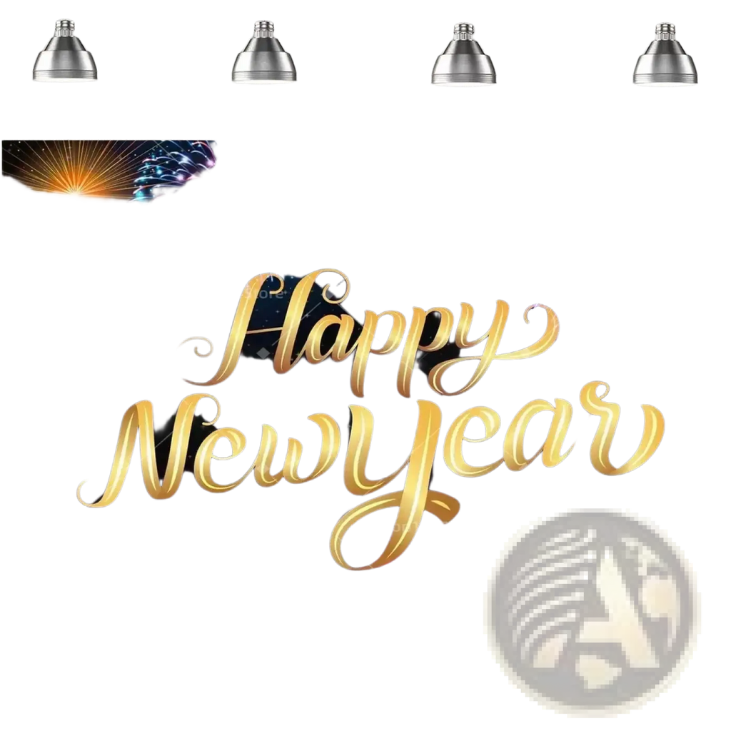 Black gold happy new year party backdrop featuring a golden happy new year banner with fireworks and city skyline