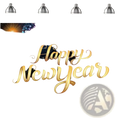 Black gold happy new year party backdrop featuring a golden happy new year banner with fireworks and city skyline