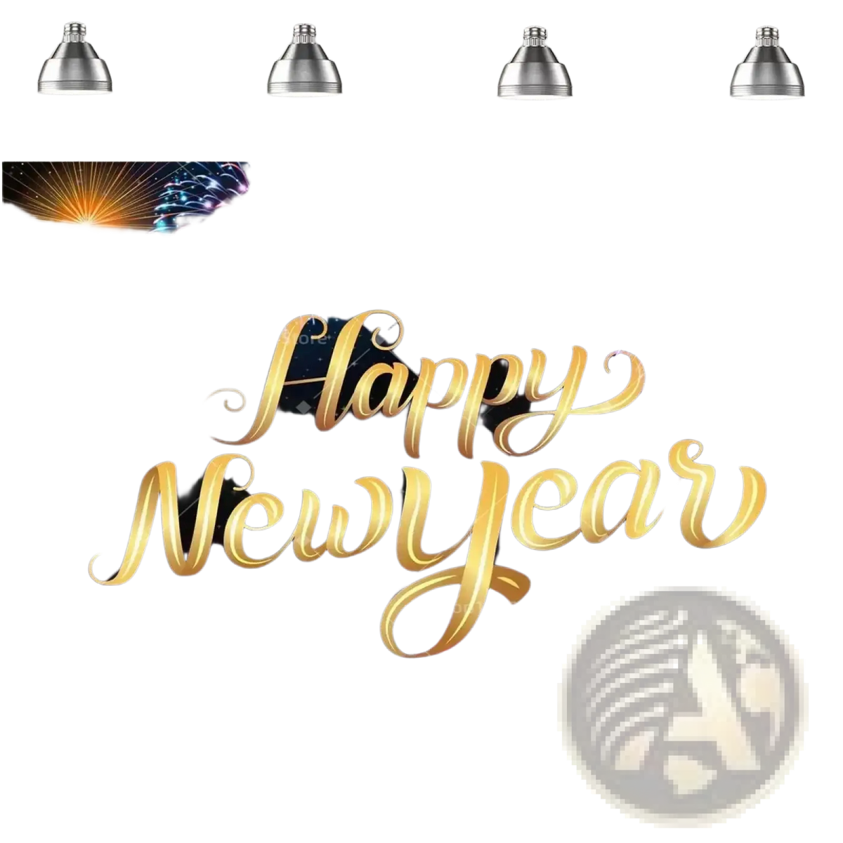 Black gold happy new year party backdrop featuring a golden happy new year banner with fireworks and city skyline