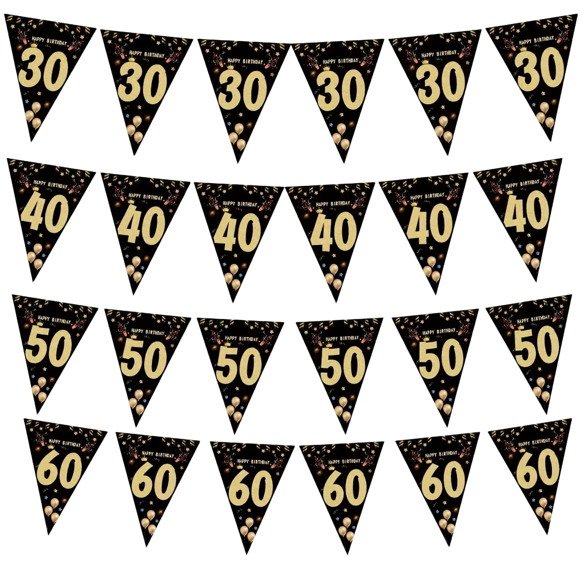 Black gold milestone birthday party banner with black and gold triangular flags showing ages 30 40 50 and 60 in metallic numerals