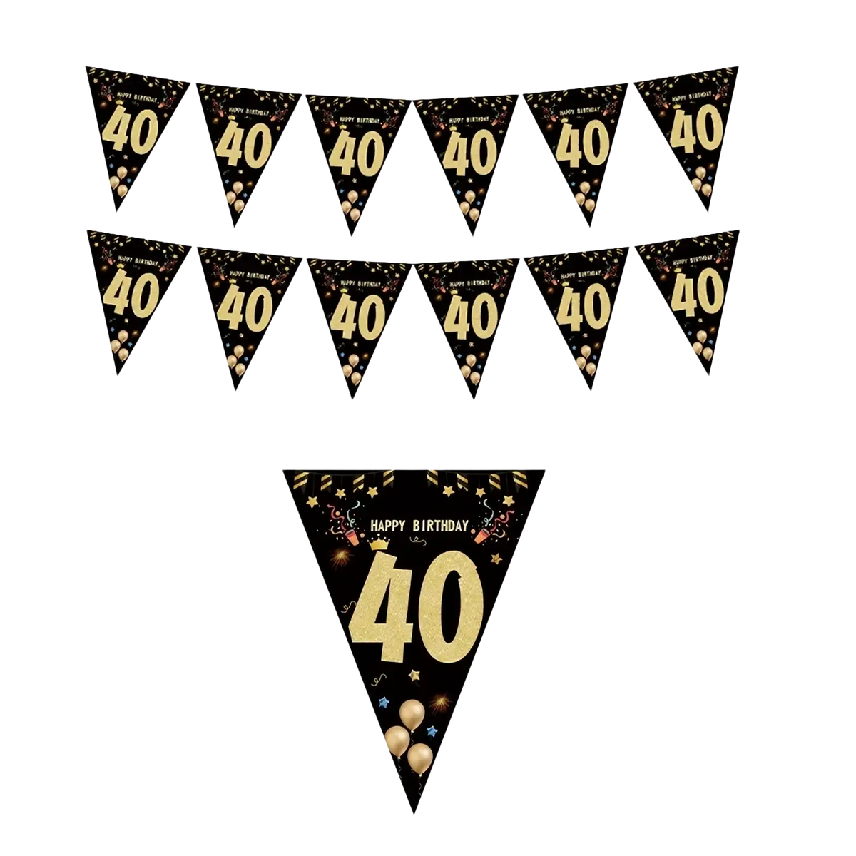 Black gold milestone birthday party banner with glittery 40 numerals, confetti, balloons, and star-decorated flags
