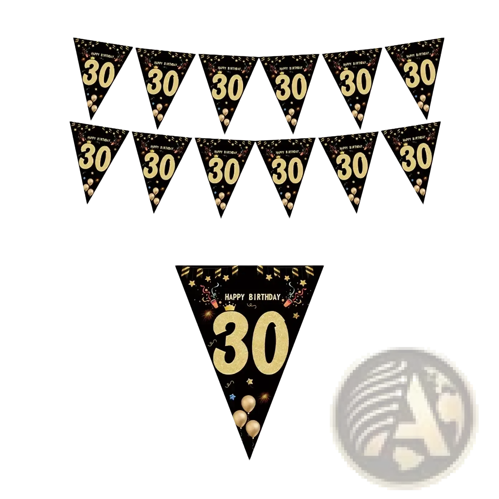 Black gold milestone birthday party banner with glittery foil happy birthday 30 numbers and balloon designs