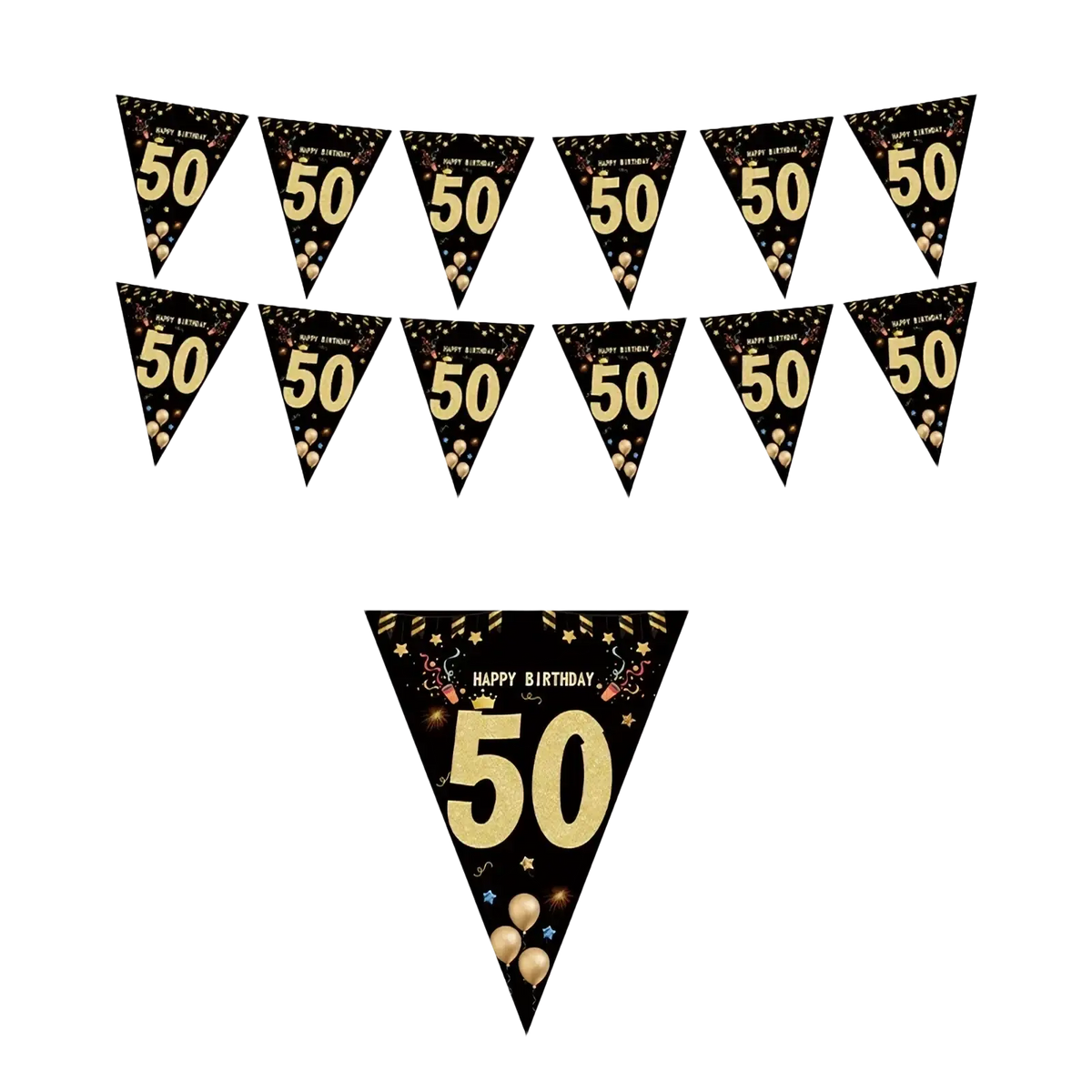 Black gold milestone birthday party banner featuring happy birthday 50 on triangular flags with confetti and balloons