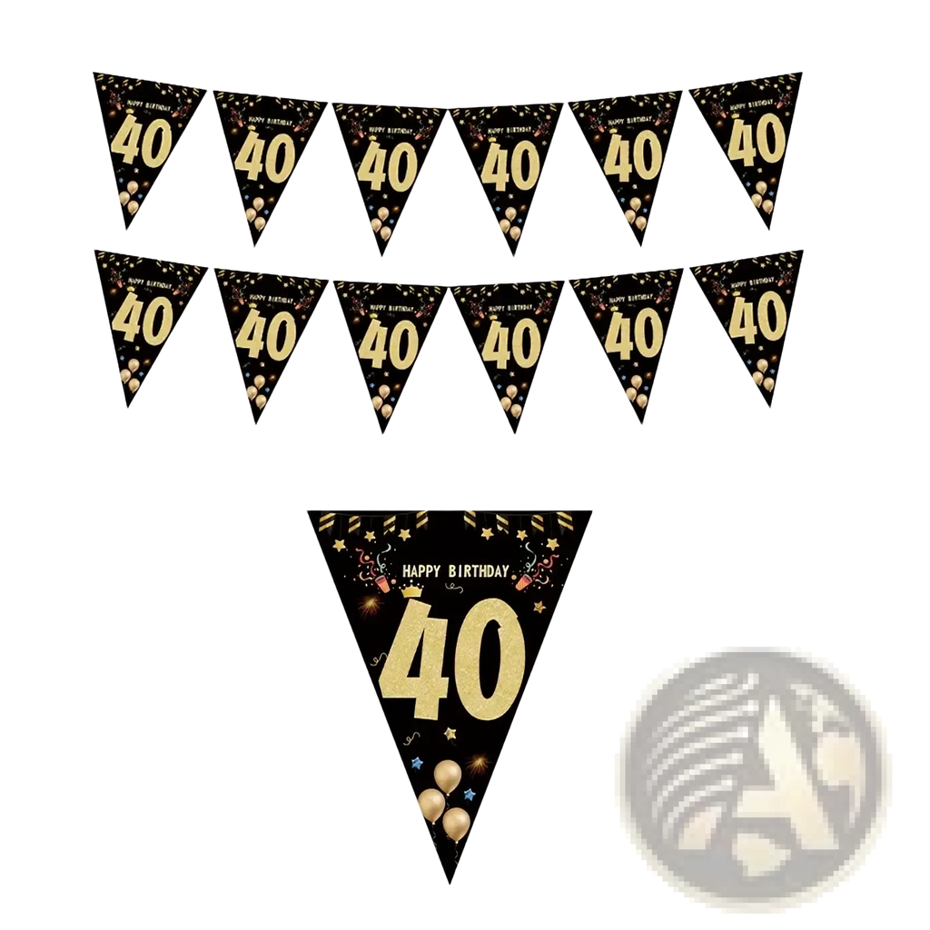 Black gold milestone birthday party banner with glittery 40 numerals, confetti, balloons, and star-decorated flags