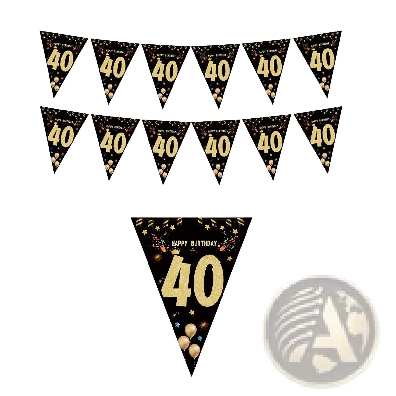 Black gold milestone birthday party banner with glittery 40 numerals, confetti, balloons, and star-decorated flags