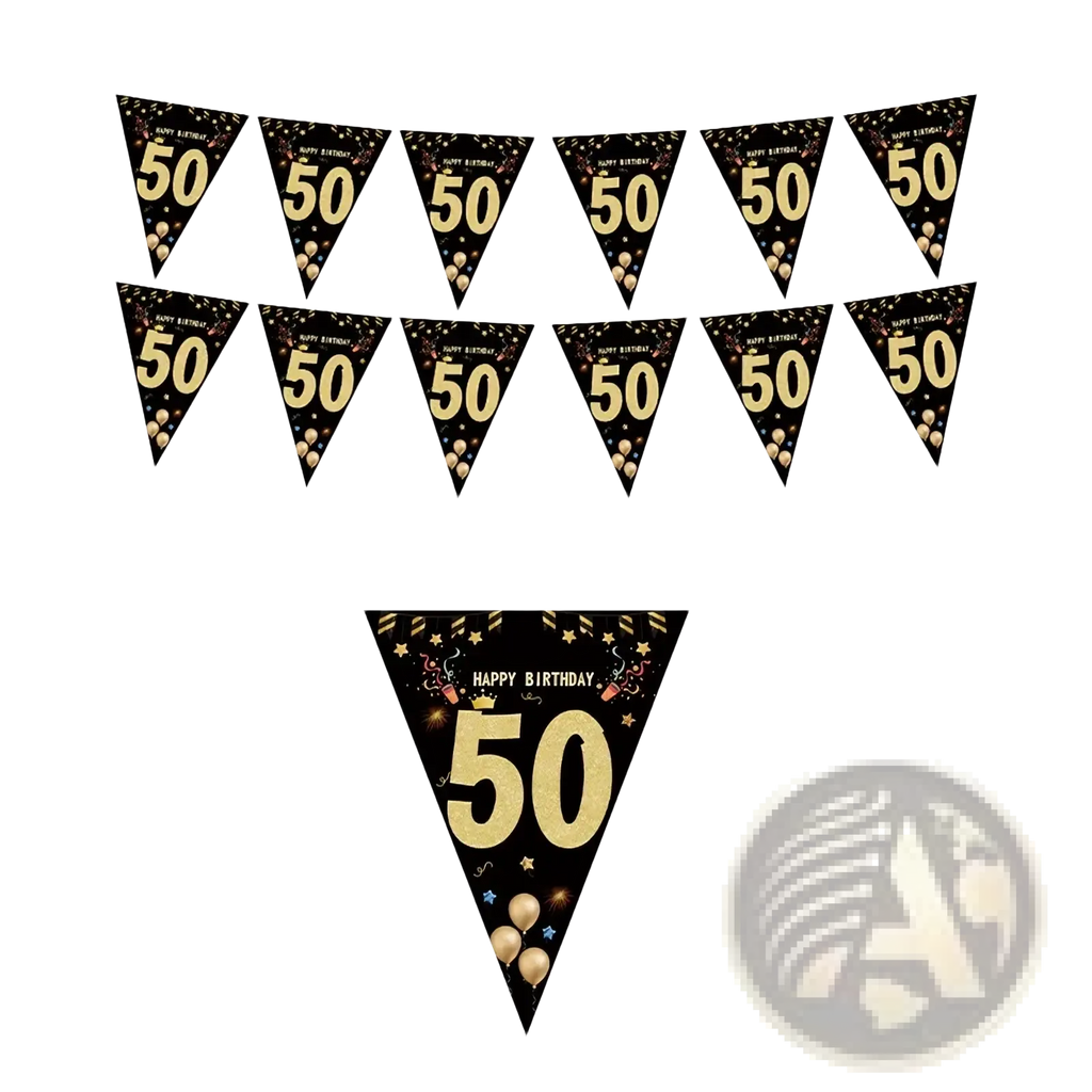 Black gold milestone birthday party banner featuring happy birthday 50 on triangular flags with confetti and balloons