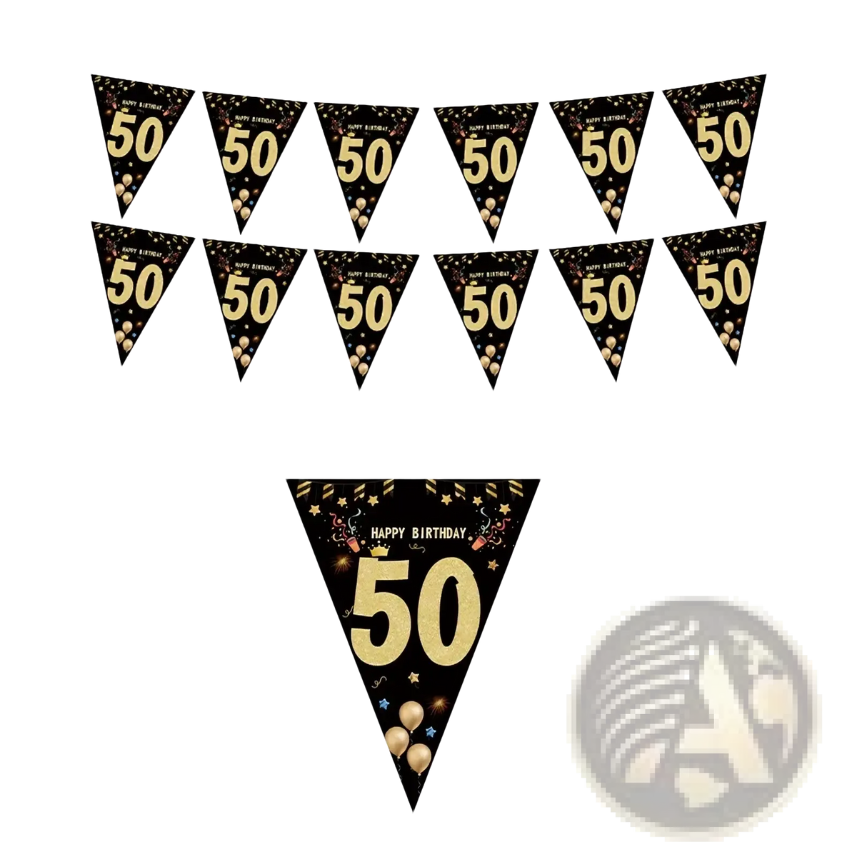Black gold milestone birthday party banner featuring happy birthday 50 on triangular flags with confetti and balloons