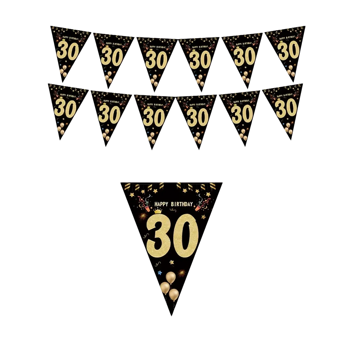 Black gold milestone birthday party banner with glittery foil happy birthday 30 numbers and balloon designs