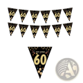 Black gold milestone birthday party banner with black triangular flags gold 60 and festive confetti design