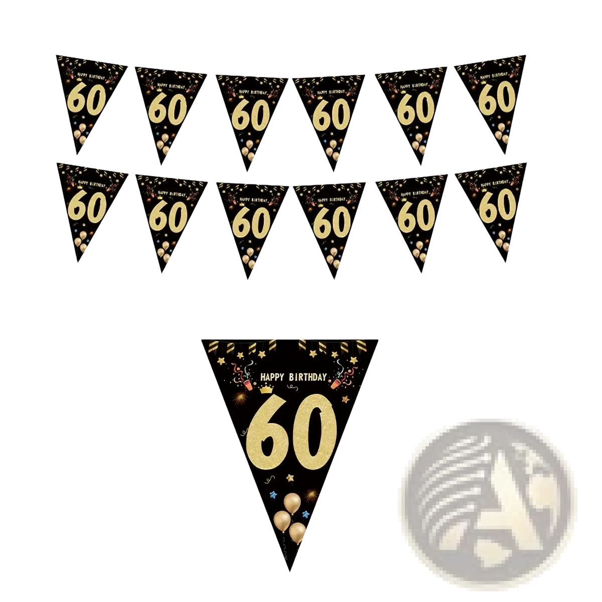 Black gold milestone birthday party banner with black triangular flags gold 60 and festive confetti design