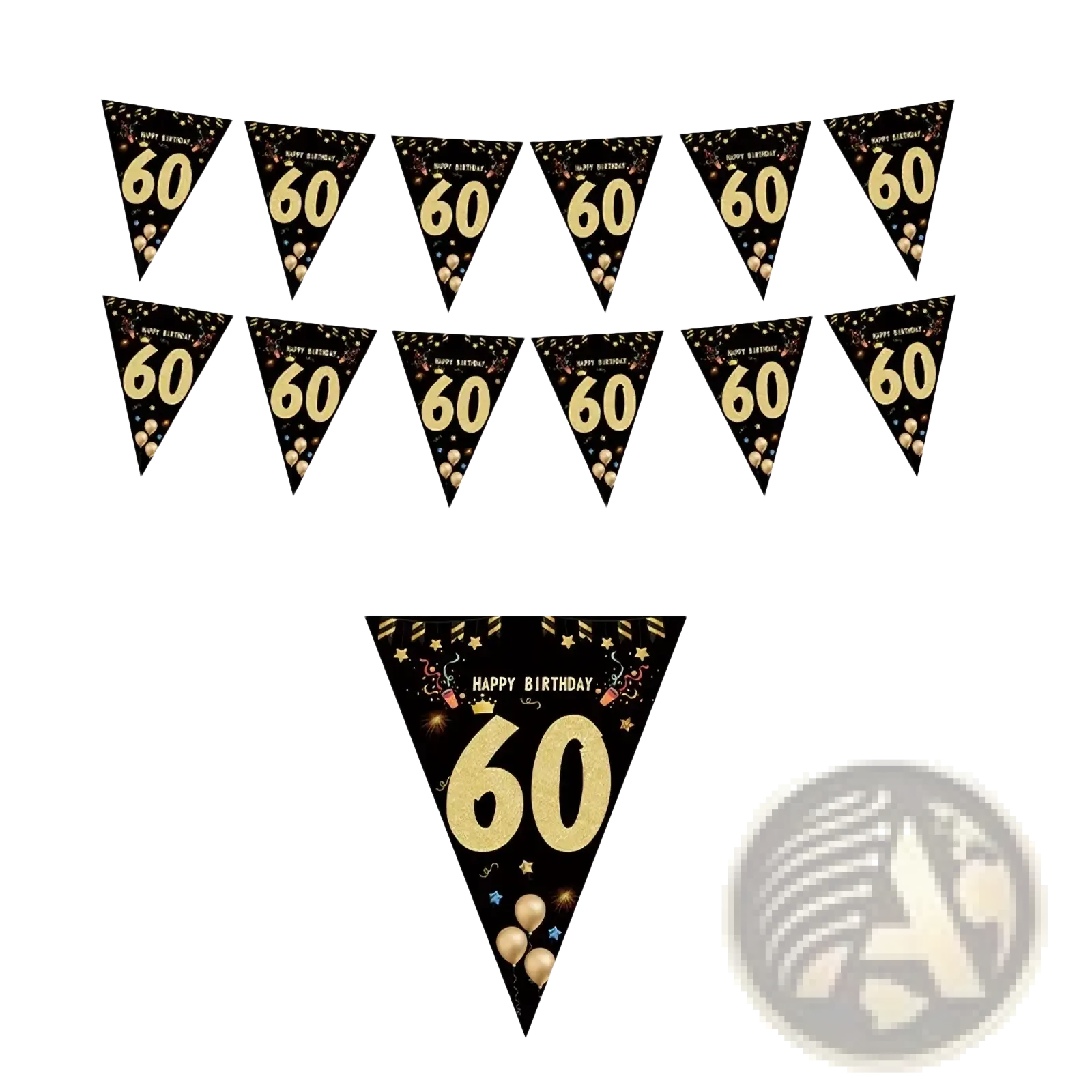 Black gold milestone birthday party banner with black triangular flags gold 60 and festive confetti design