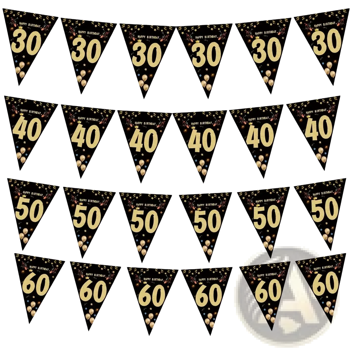Black gold milestone birthday party banner with black and gold triangular flags showing ages 30 40 50 and 60 in metallic numerals