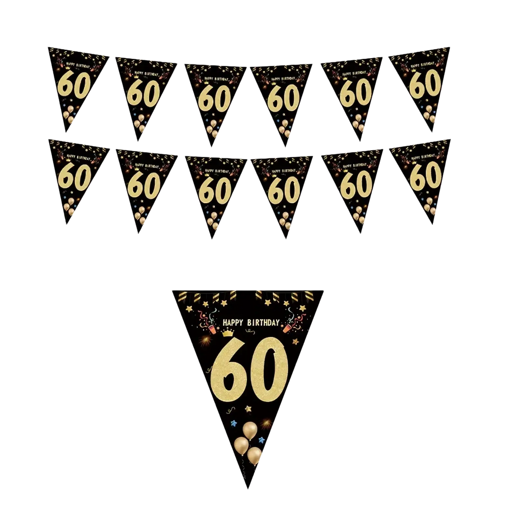 Black gold milestone birthday party banner with black triangular flags gold 60 and festive confetti design