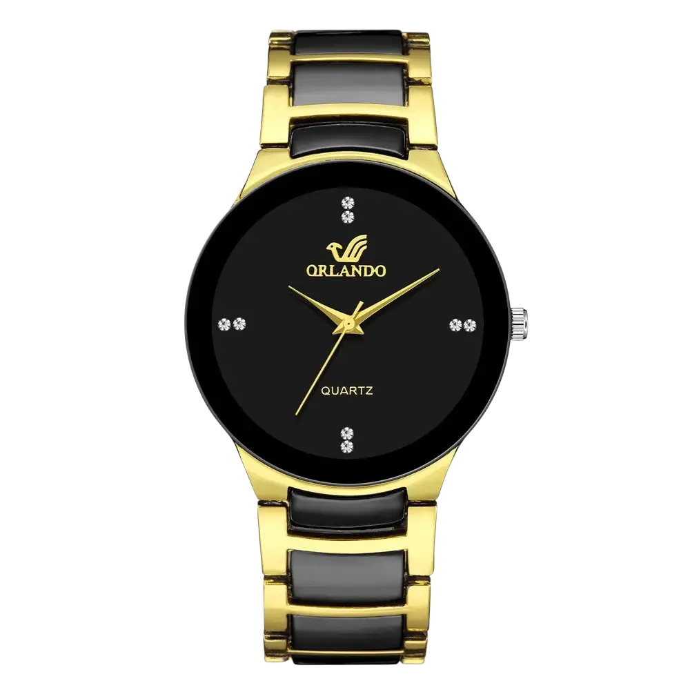 Black gold quartz men watch with sleek modern ceramic and steel design featuring diamond-like hour markers