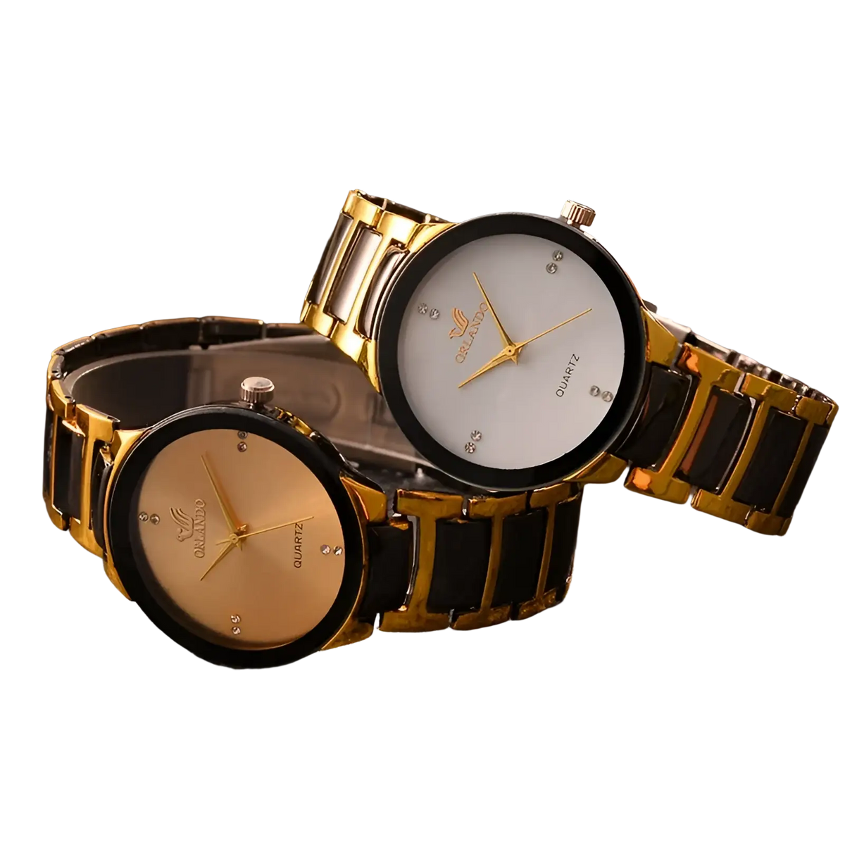 Black gold quartz men watch ceramic steel with gold and black ceramic case, white and gold dial, diamond hour markers