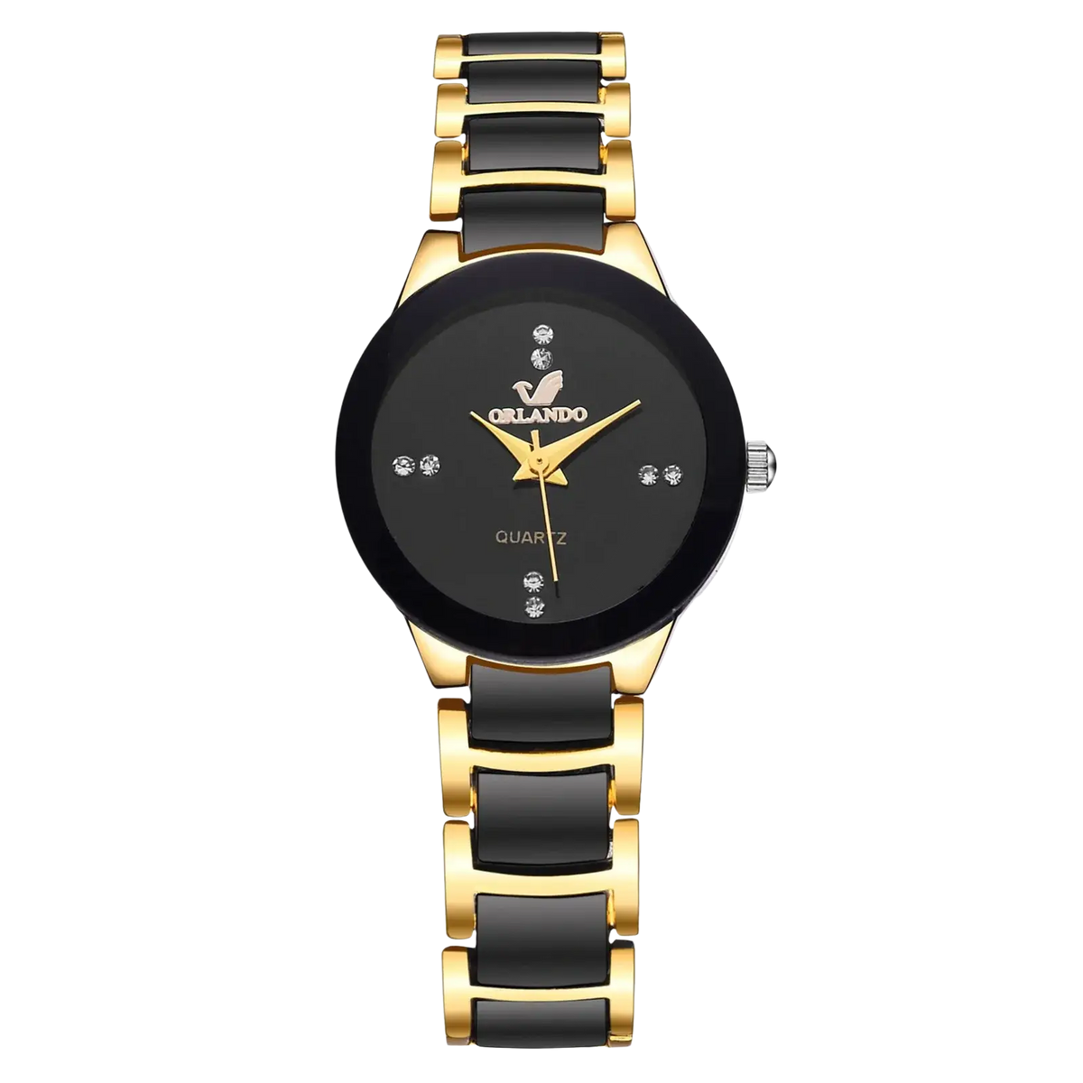 Black gold quartz men watch ceramic steel with diamond accents and black and gold ceramic design