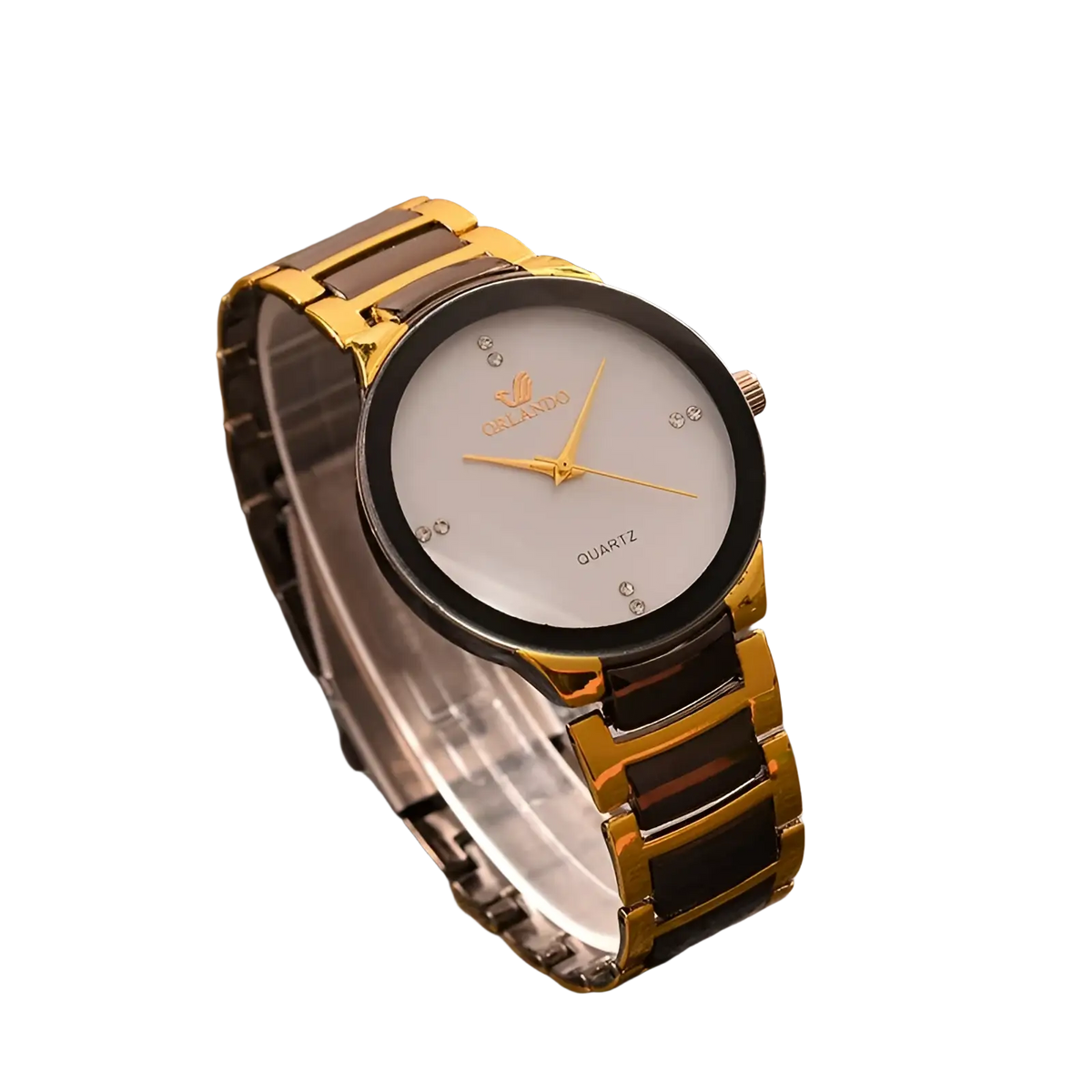 Black gold quartz men watch ceramic steel with white dial diamond accents and grando brand name on face