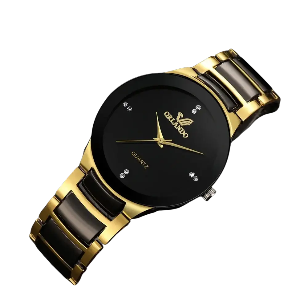 Black gold quartz men watch ceramic steel with sleek modern design and diamond-like hour markers