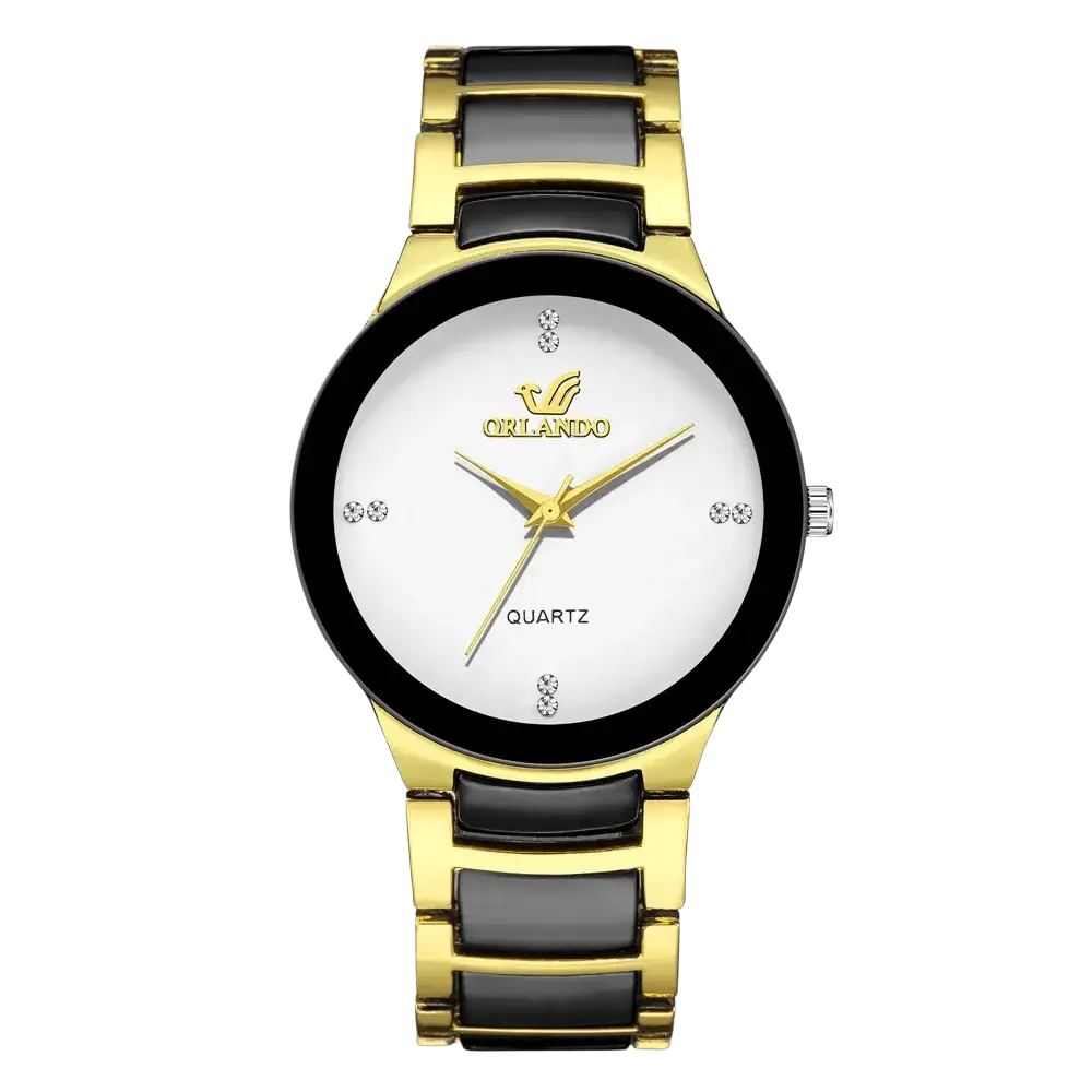 Black gold quartz men watch ceramic steel with white dial diamond hour markers and gold hands in gold and black ceramic