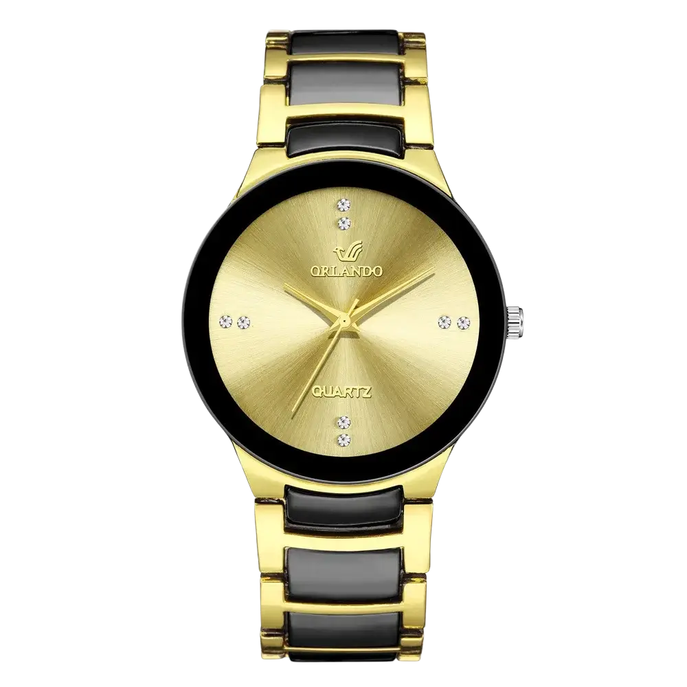 Black gold quartz men watch ceramic steel with gold-toned dial diamond accents and orlando brand logo