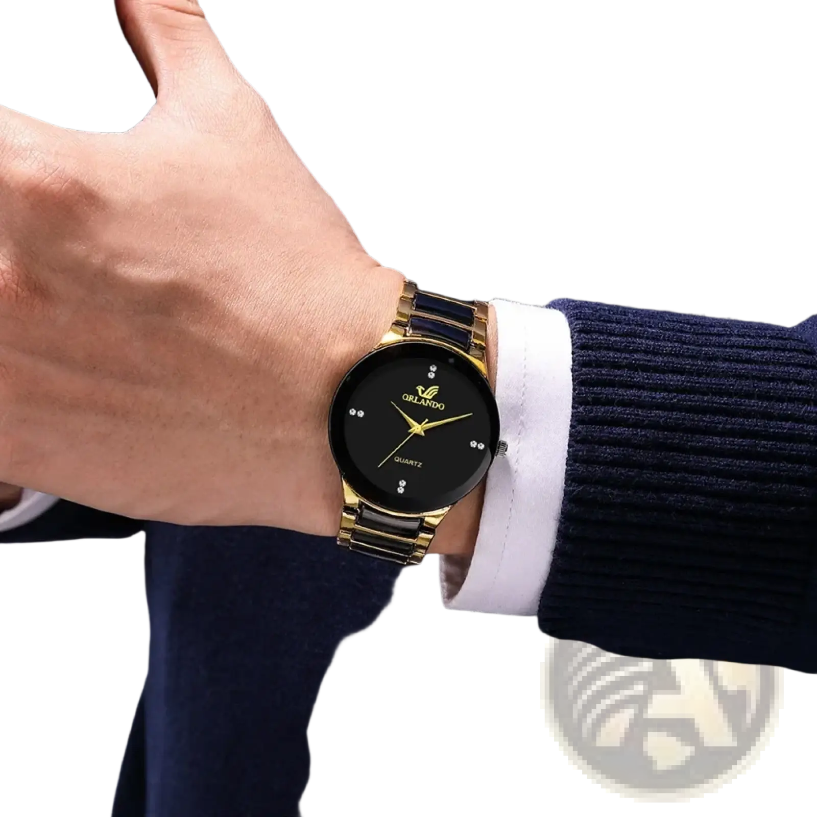 Black gold quartz men watch with sleek minimalist design and diamond-like hour markers on dark ceramic steel face