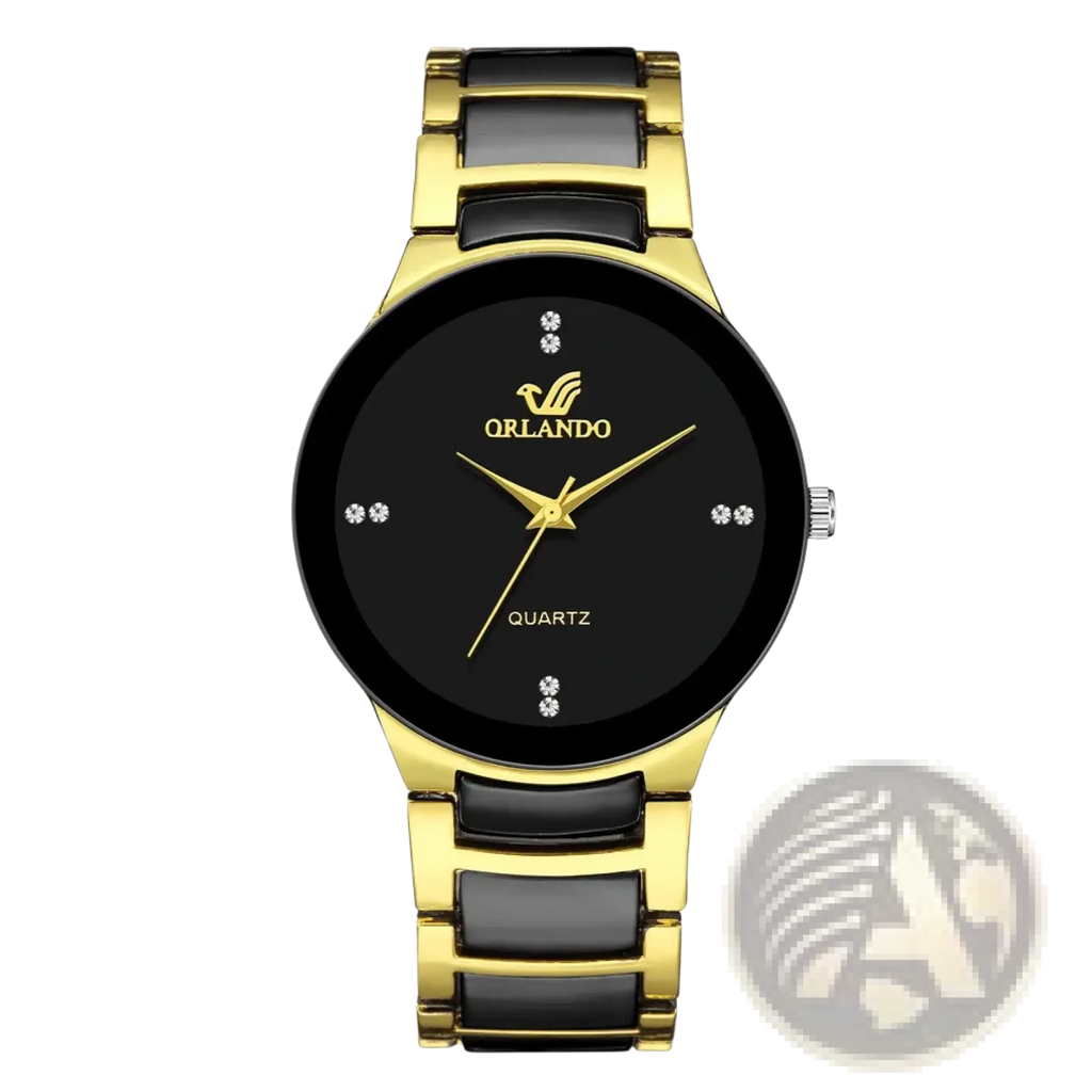 Black gold quartz men watch with sleek modern ceramic and steel design featuring diamond-like hour markers