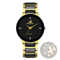 Black gold quartz men watch with sleek modern ceramic and steel design featuring diamond-like hour markers