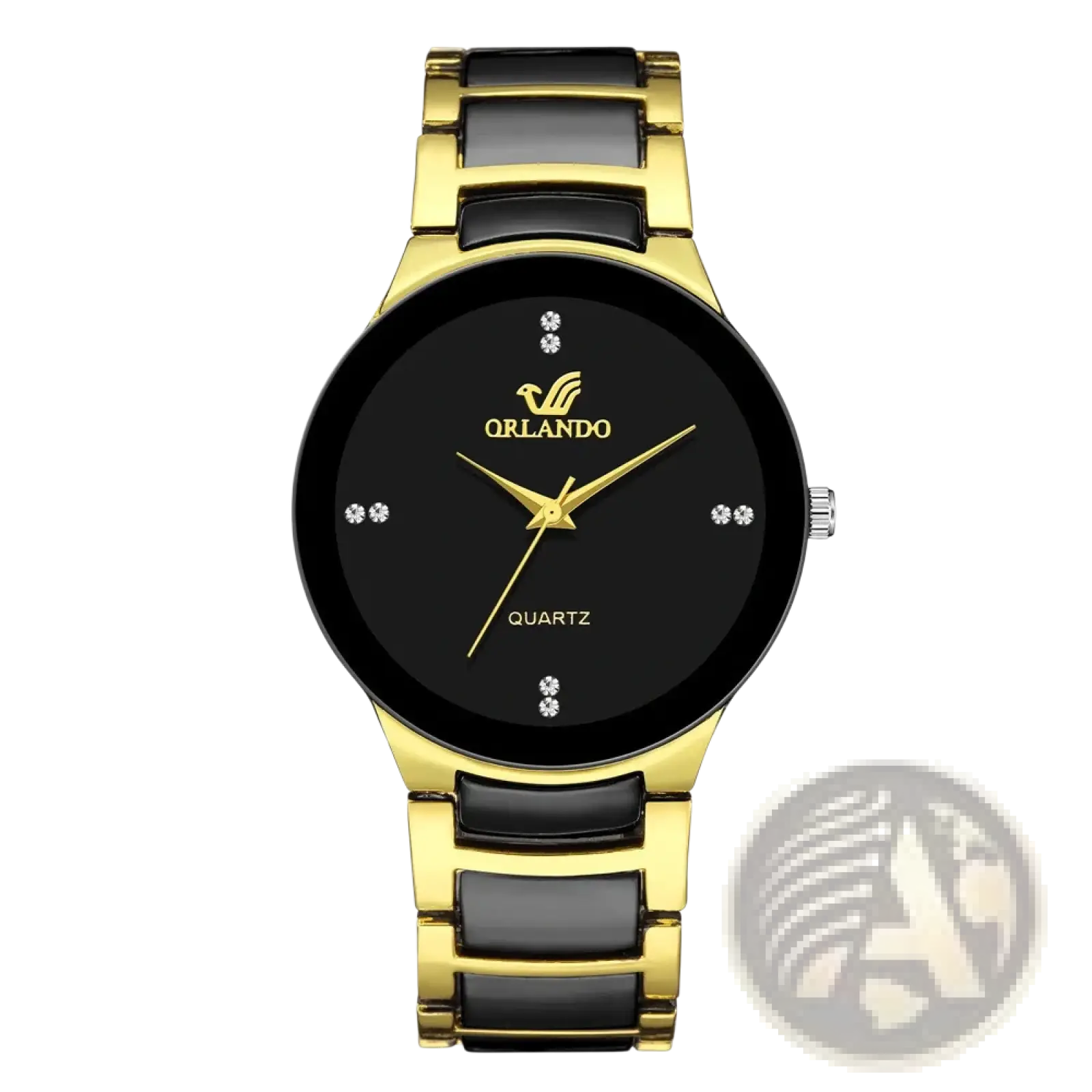 Black gold quartz men watch with sleek modern ceramic and steel design featuring diamond-like hour markers