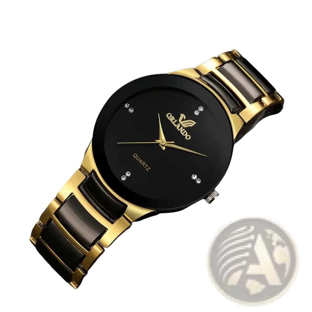Black gold quartz men watch ceramic steel with sleek modern design and diamond-like hour markers