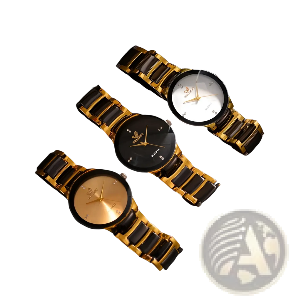 Three elegant gold and black ceramic steel quartz men watches with diamond-like accents on the dials