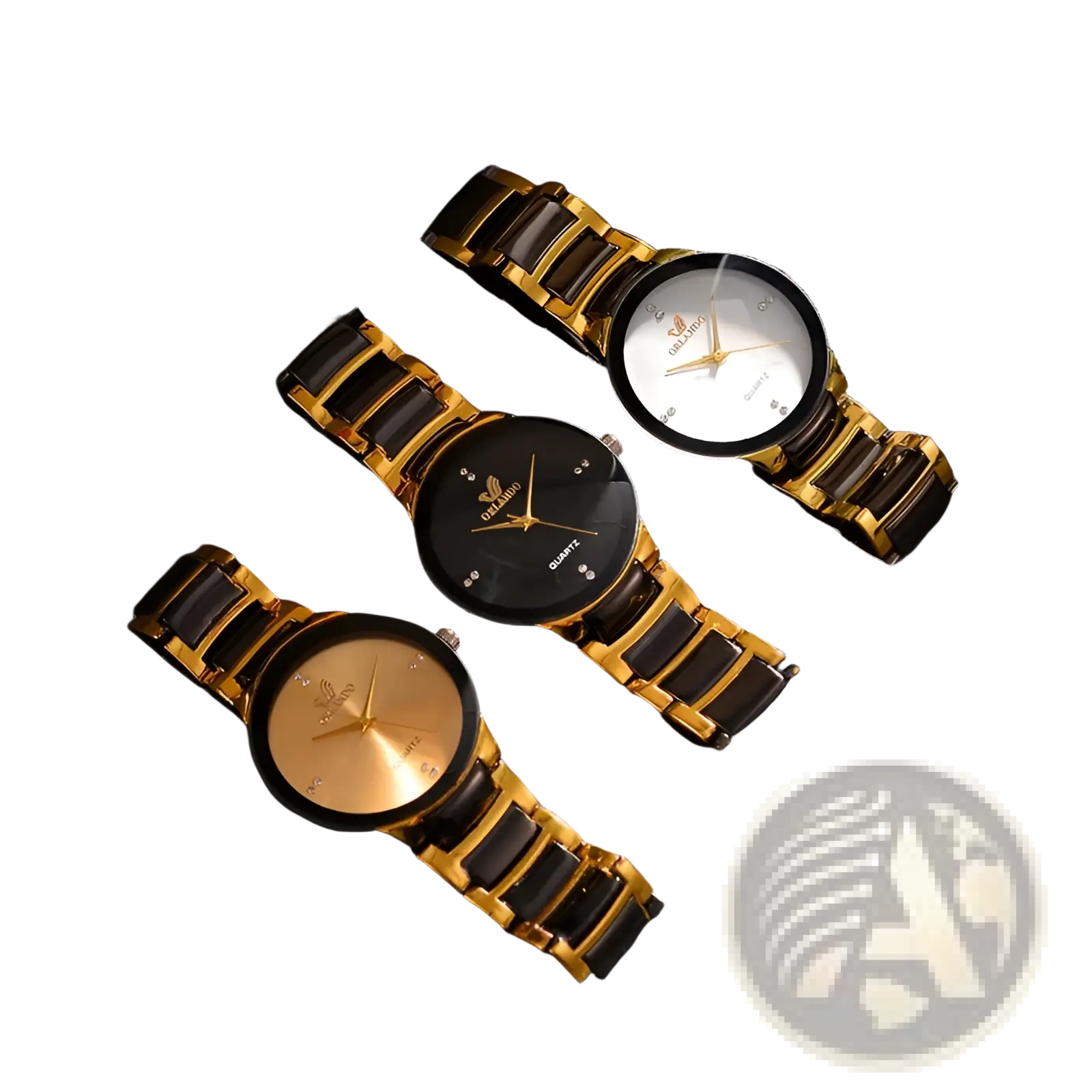 Three elegant gold and black ceramic steel quartz men watches with diamond-like accents on the dials