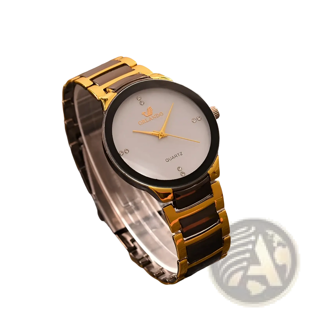 Black gold quartz men watch ceramic steel with white dial diamond accents and grando brand name on face