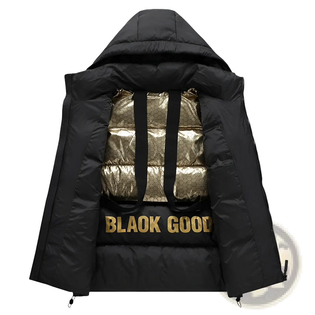 Black gold quilted puffer jacket showing the back with black exterior gold interior and blaok good text detail