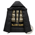 Black gold quilted puffer jacket showing the back with black exterior gold interior and blaok good text detail