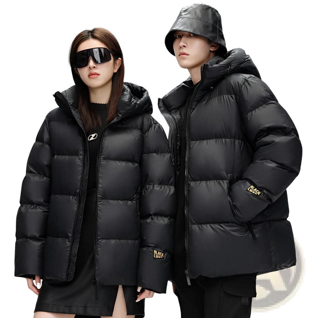 Black puffer jackets with quilted design and gold black luck branding on cuffs in black gold quilted puffer jacket collection