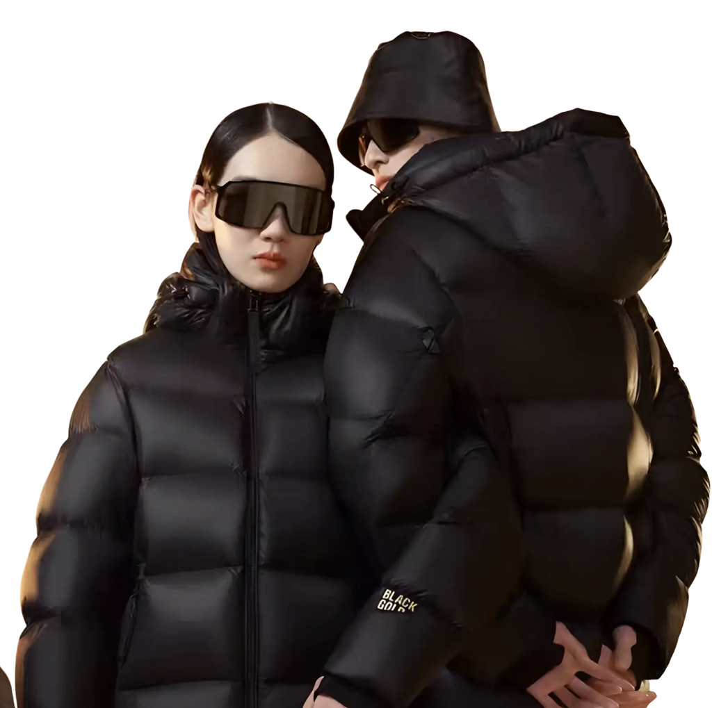 Black gold quilted puffer jacket in black with hood and sleek modern silhouette showcasing the front view