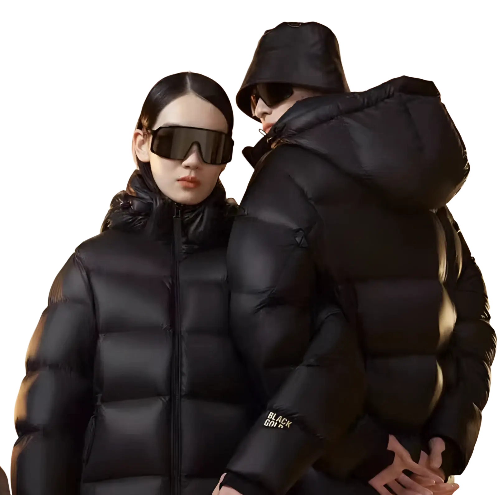 Black gold quilted puffer jacket in black with hood and sleek modern silhouette showcasing the front view