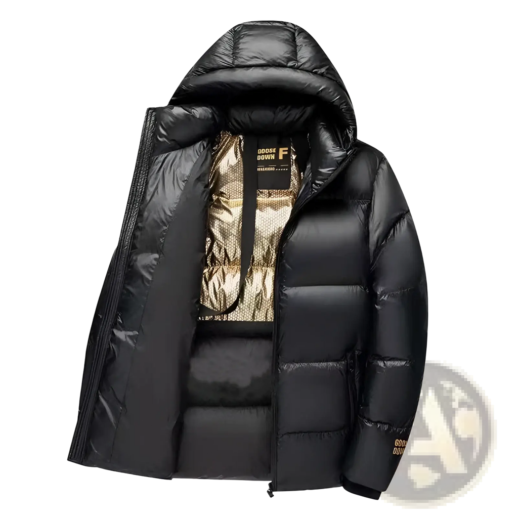 Black gold quilted puffer jacket with shiny black exterior and gold-colored quilted inner lining facing front