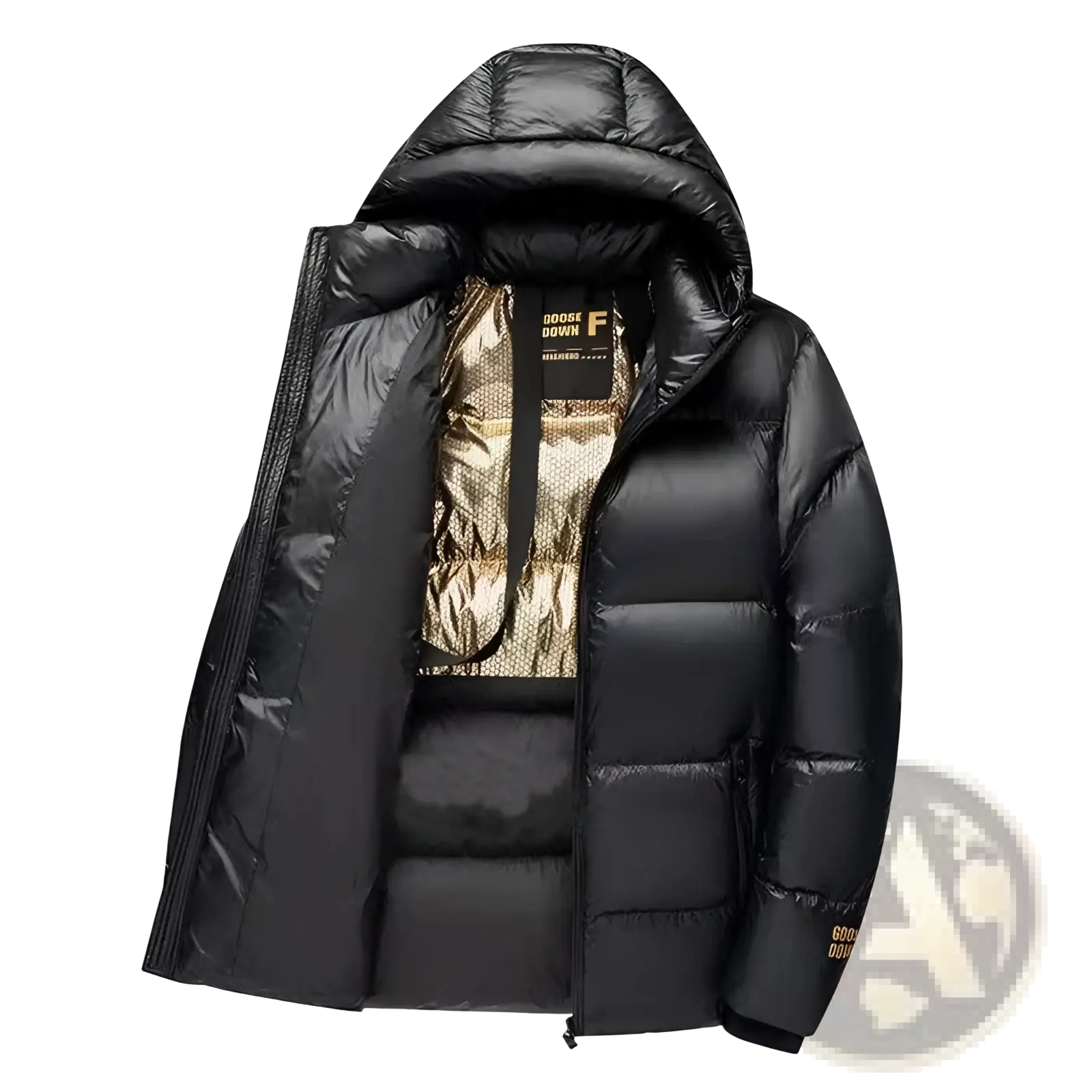 Black gold quilted puffer jacket with shiny black exterior and gold-colored quilted inner lining facing front