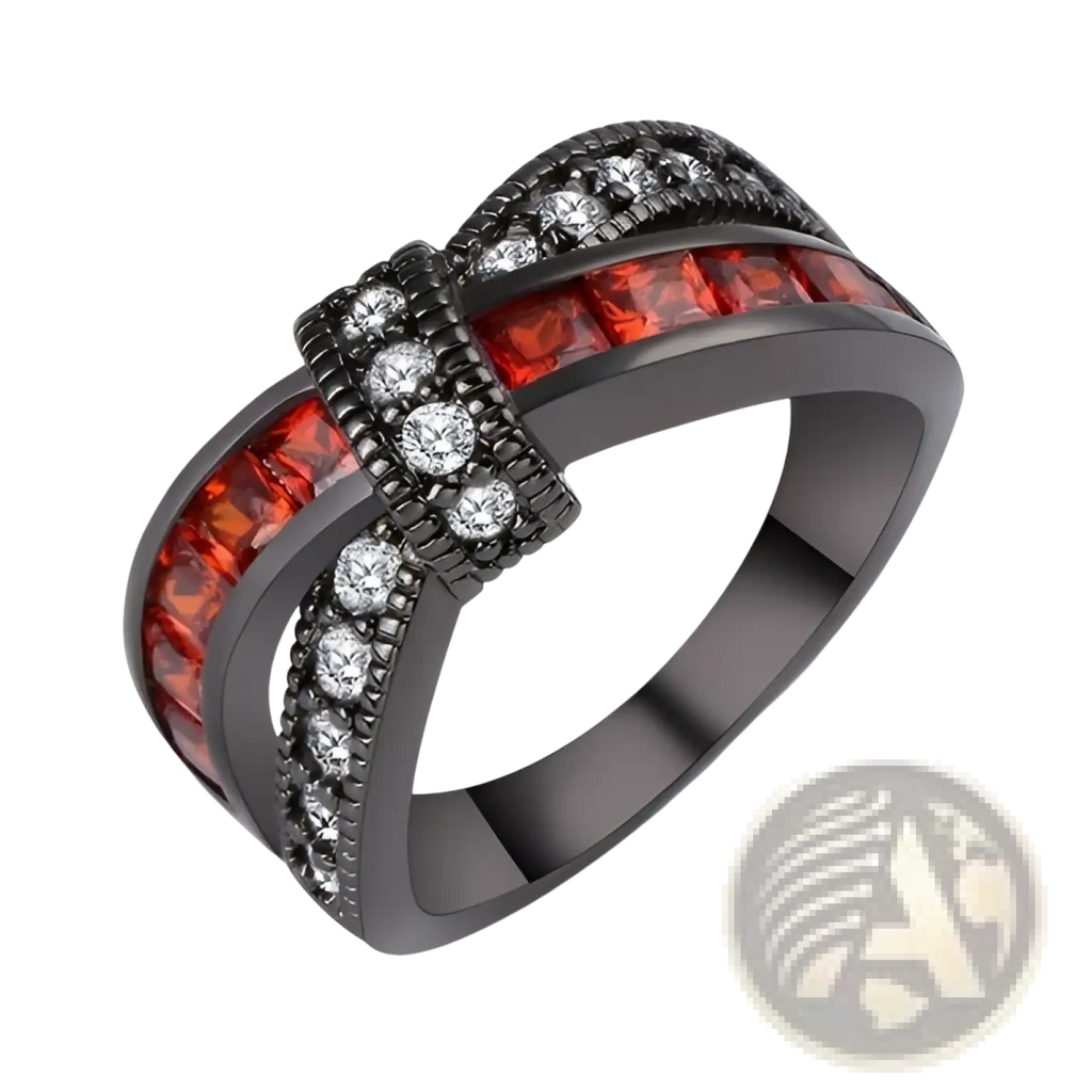 Black metal ring featuring a bold intertwined design with vibrant red zircon stones and clear diamonds along the bands