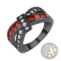 Black metal ring featuring a bold intertwined design with vibrant red zircon stones and clear diamonds along the bands