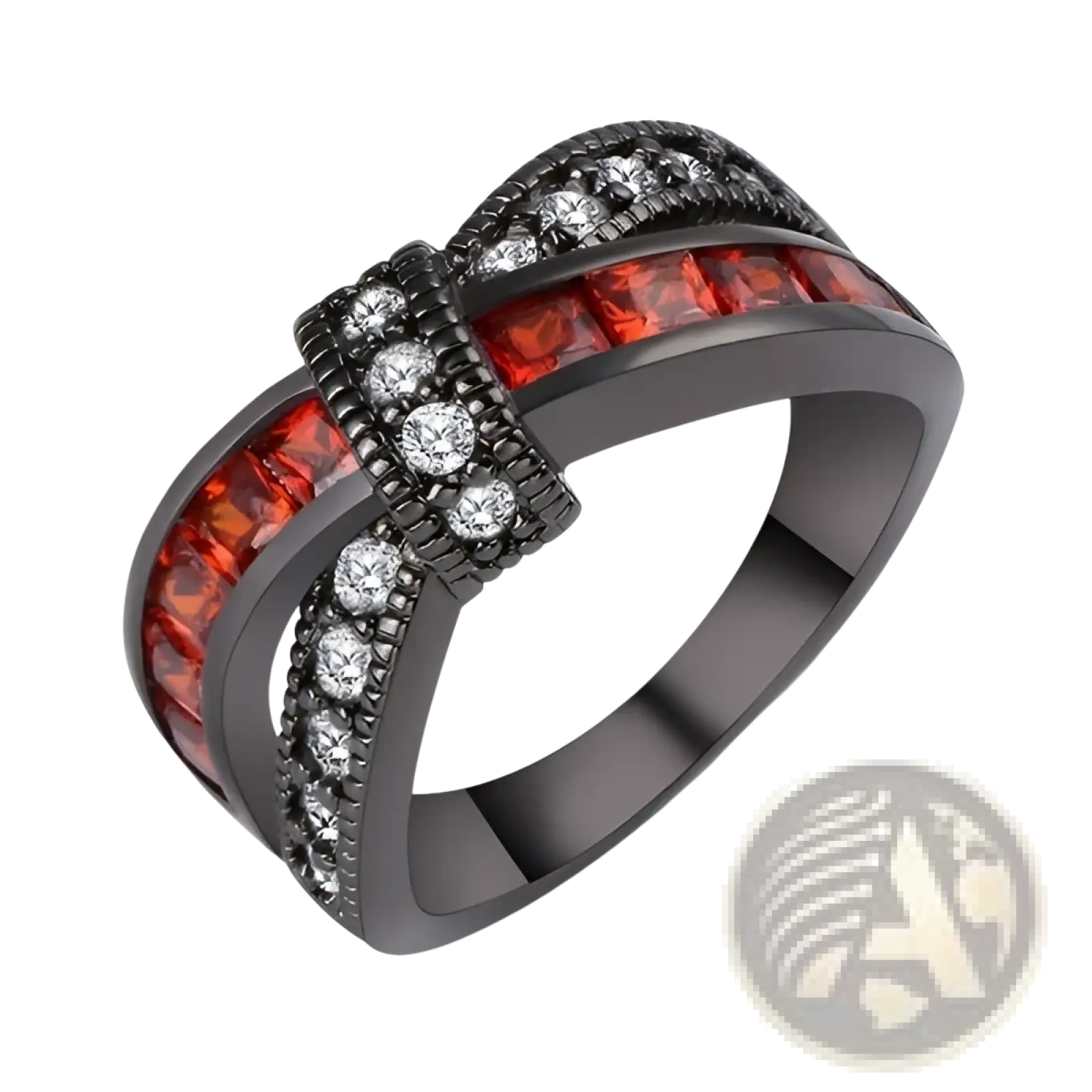 Black metal ring featuring a bold intertwined design with vibrant red zircon stones and clear diamonds along the bands