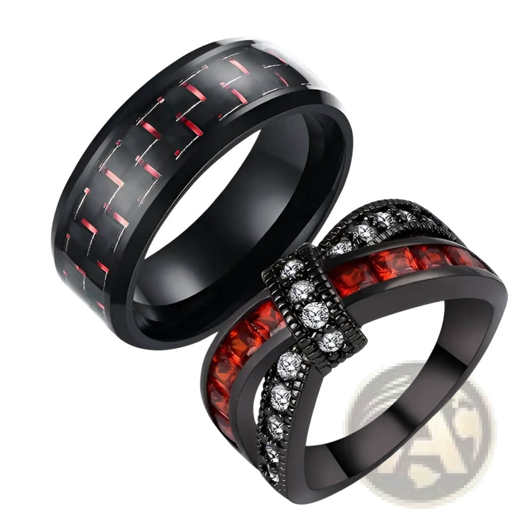 Black gold red zircon intertwined dragon rings with carbon fiber pattern red accents and red gemstones with crystals