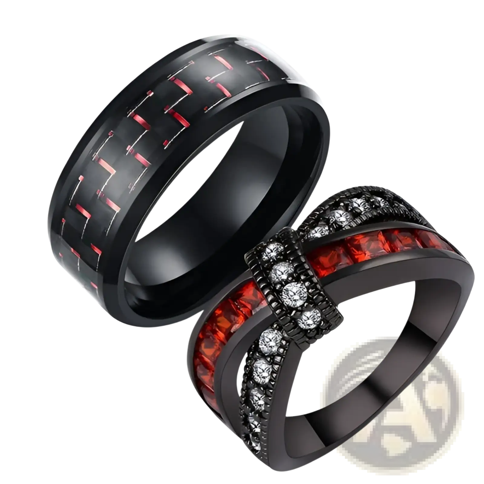 Black gold red zircon intertwined dragon rings with carbon fiber pattern red accents and red gemstones with crystals