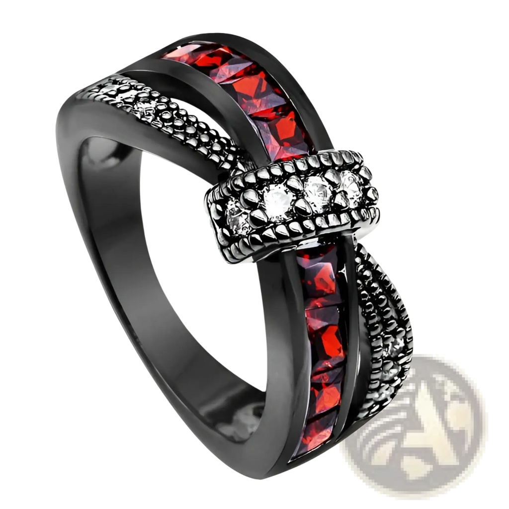 Black gold red zircon intertwined dragon ring with bold twisted design red rectangular and clear sparkling stones