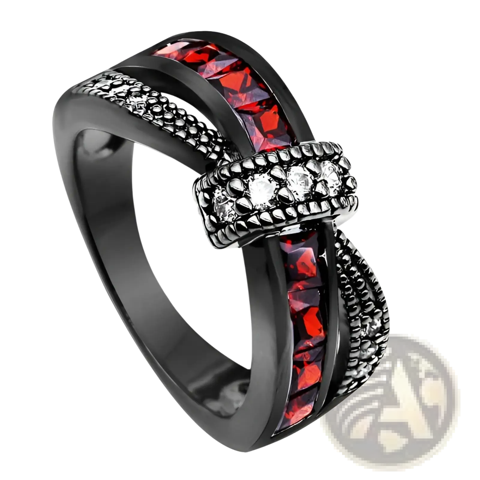 Black gold red zircon intertwined dragon ring with bold twisted design red rectangular and clear sparkling stones