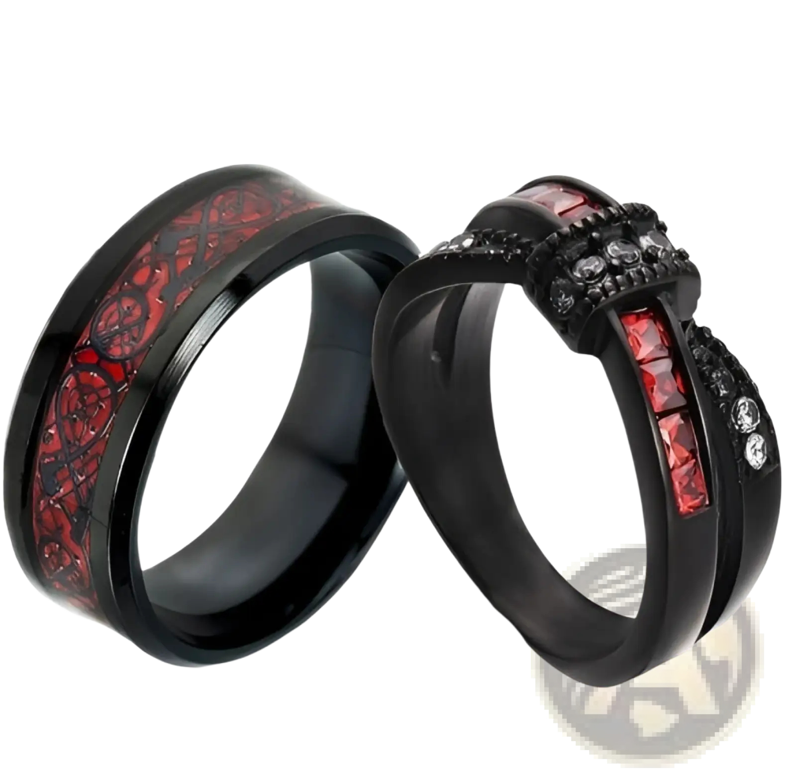 Black titanium wedding band with intricate red dragon pattern and red zircon gemstone accents for men and women
