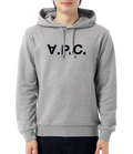 Gray heathered knit hoodie with bold black v.p.c lettering, unisex casual pullover for everyday wear