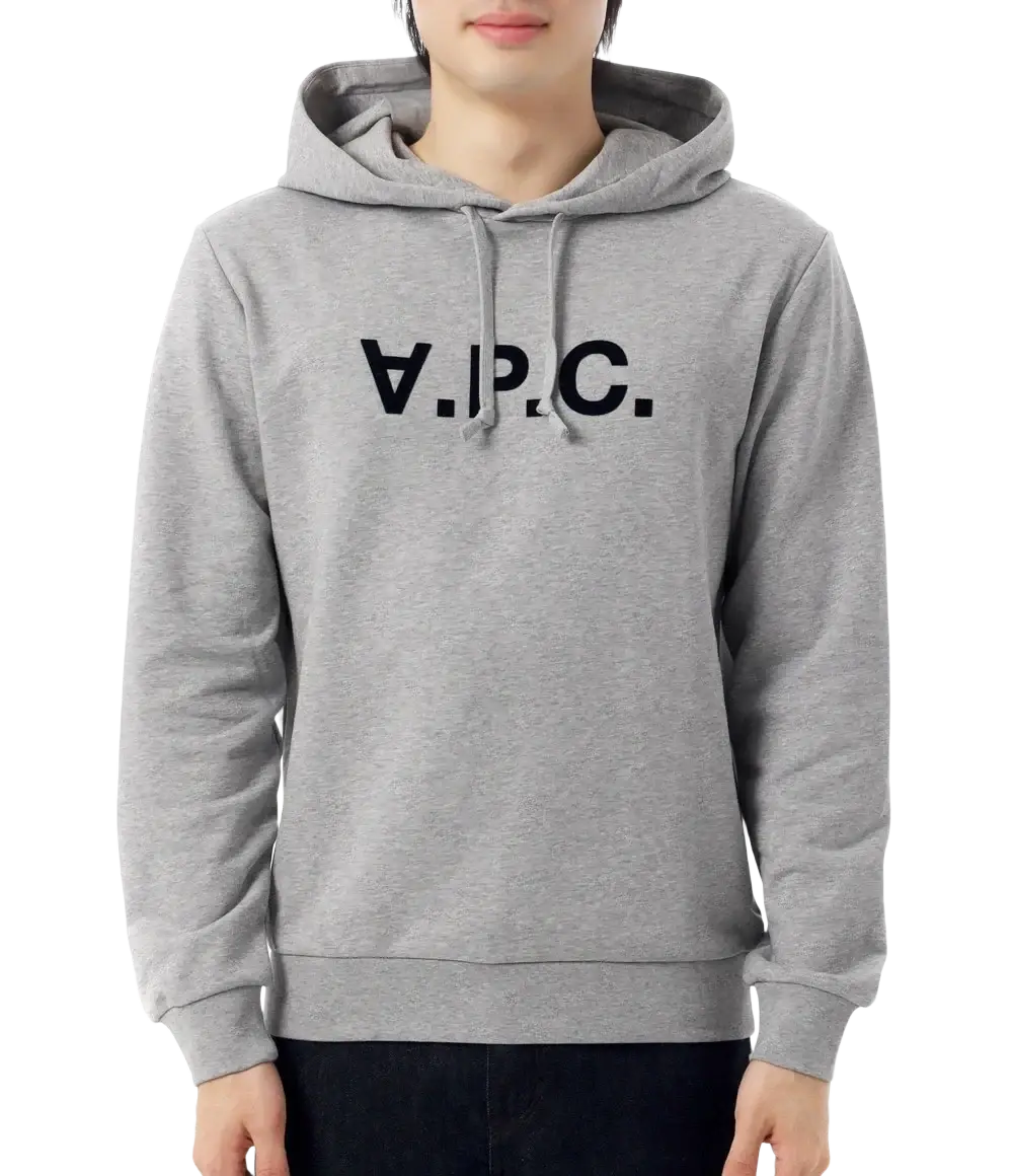 Gray heathered knit hoodie with bold black v.p.c lettering, unisex casual pullover for everyday wear