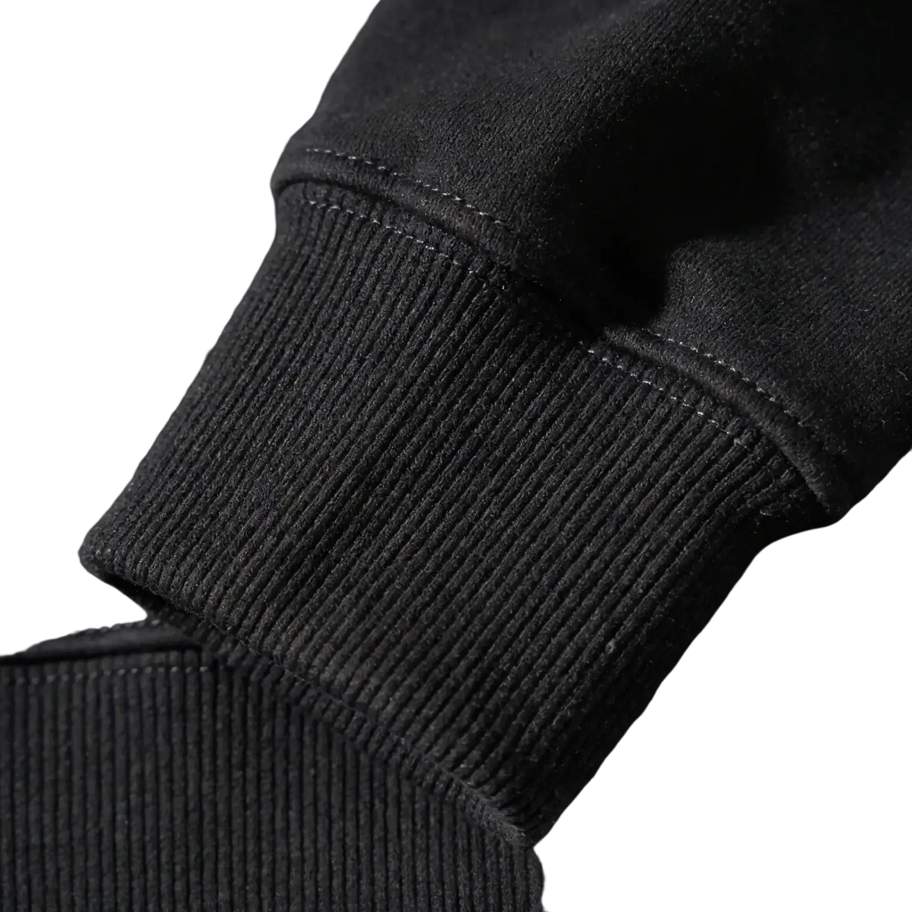 Black graphic knit hoodie unisex casual pullover featuring a black ribbed knit cuff with matching black stitching